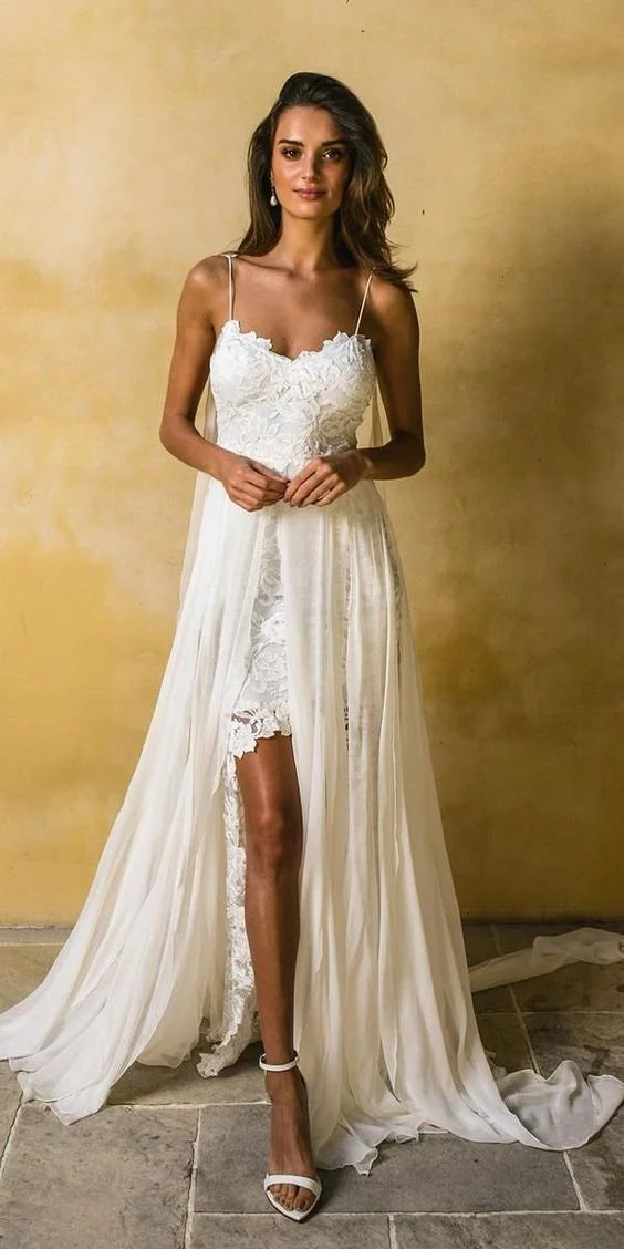 Lovely Spaghetti Straps Lace Chiffon Beach Wedding Dresses