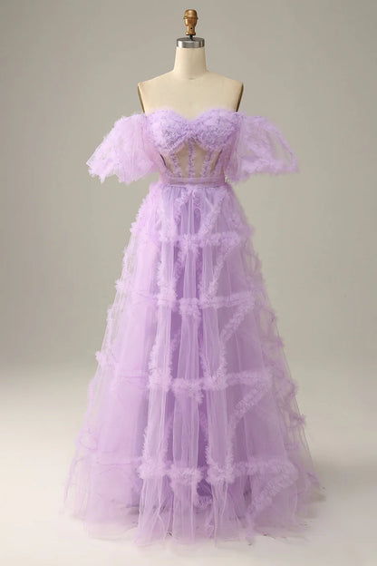 Lovely Tulle A-Line Prom Dress With Bubble Short Sleeves