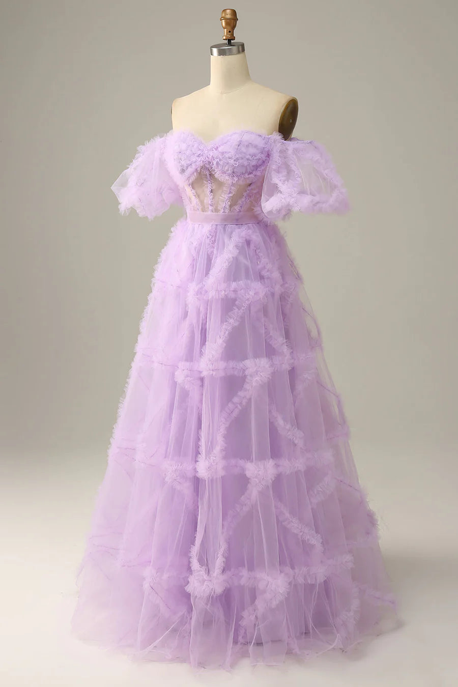 Lovely Tulle A-Line Prom Dress With Bubble Short Sleeves