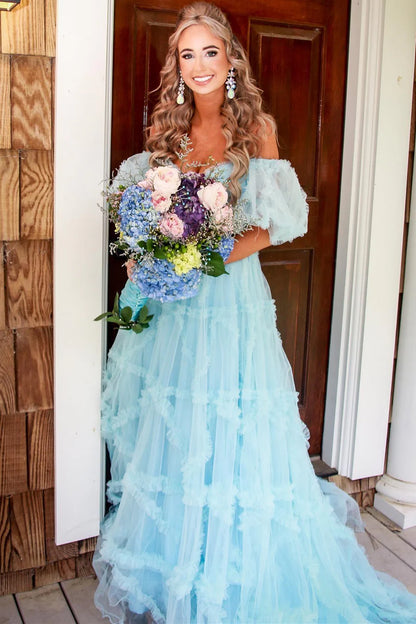 Lovely Tulle A-Line Prom Dress With Bubble Short Sleeves