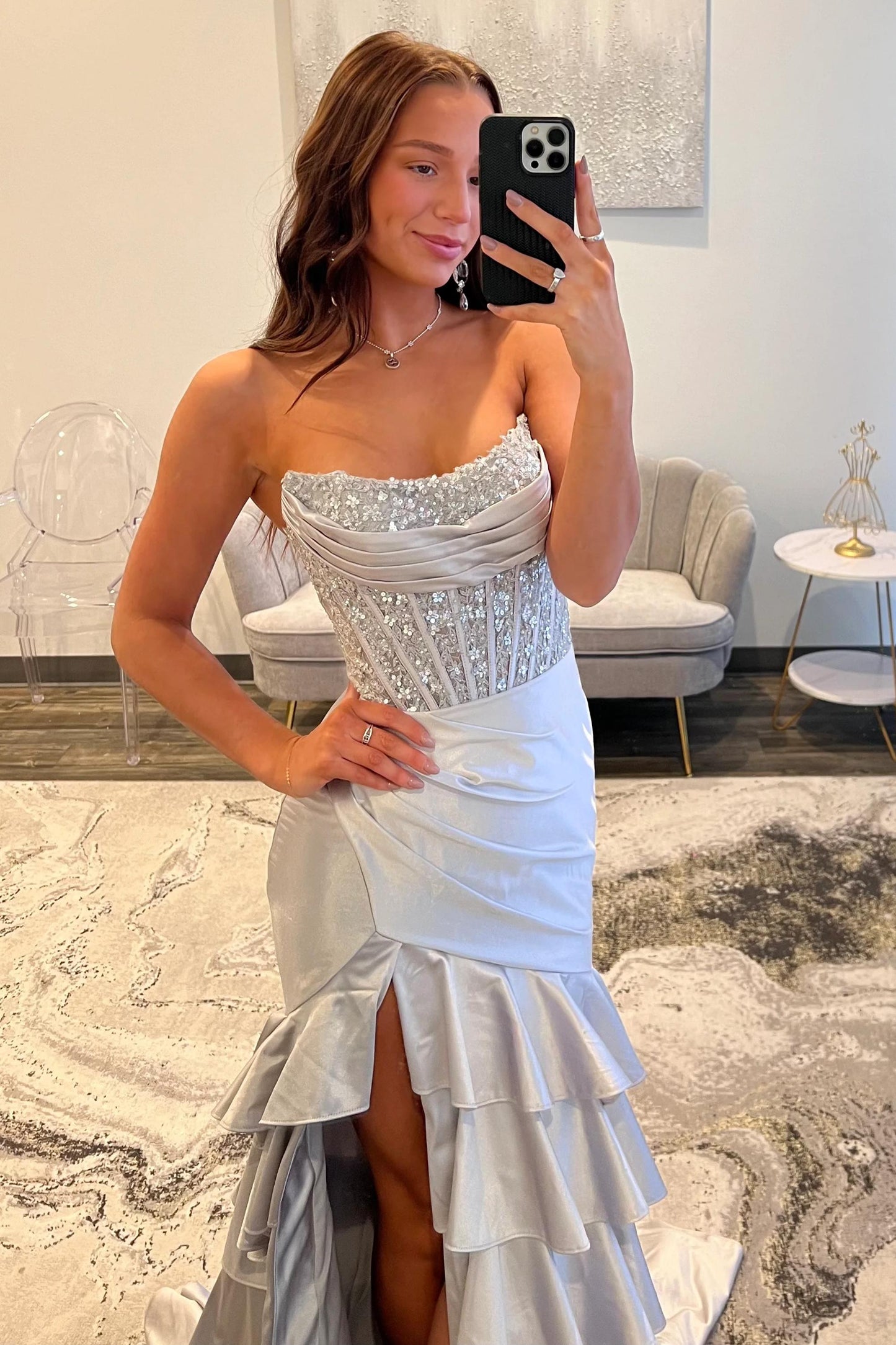 Lovely Mermaid Strapless Lace Top Long Ruffle Satin Prom Dress with Slit