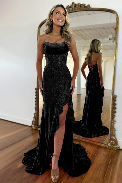 Sparkly Orange Mermaid Prom Dress with Strapless Bodice Lace Up Closure and Beaded Slit