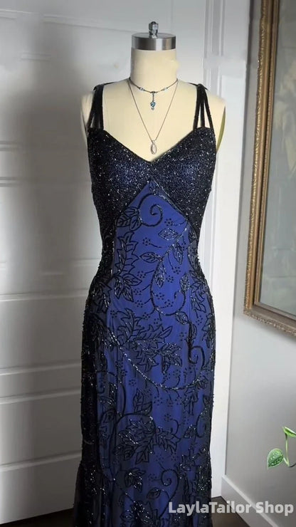 Luxury Beaded Navy Blue Prom Dresses Long Homecoming Formal Dress