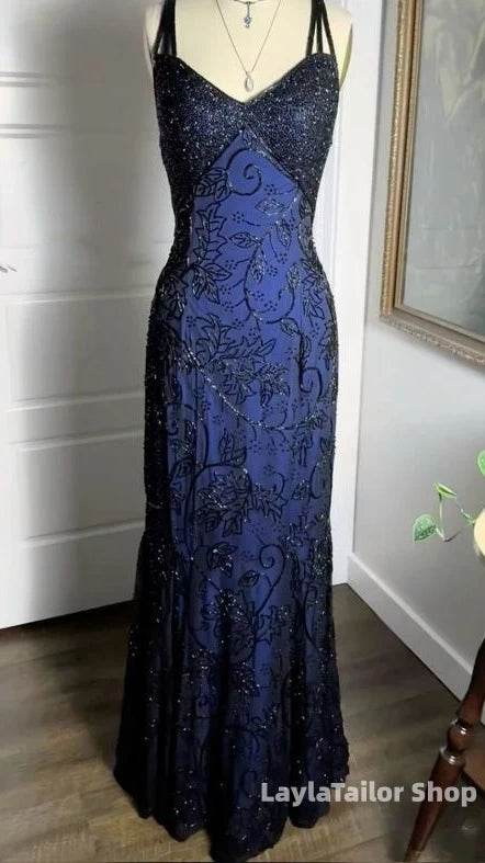 Luxury Beaded Navy Blue Prom Dresses Long Homecoming Formal Dress