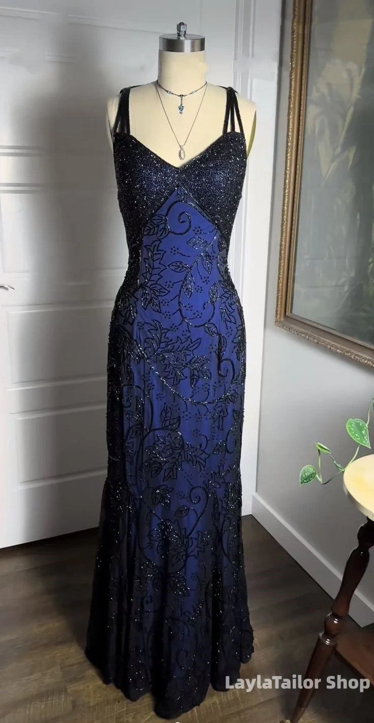 Luxury Beaded Navy Blue Prom Dresses Long Homecoming Formal Dress