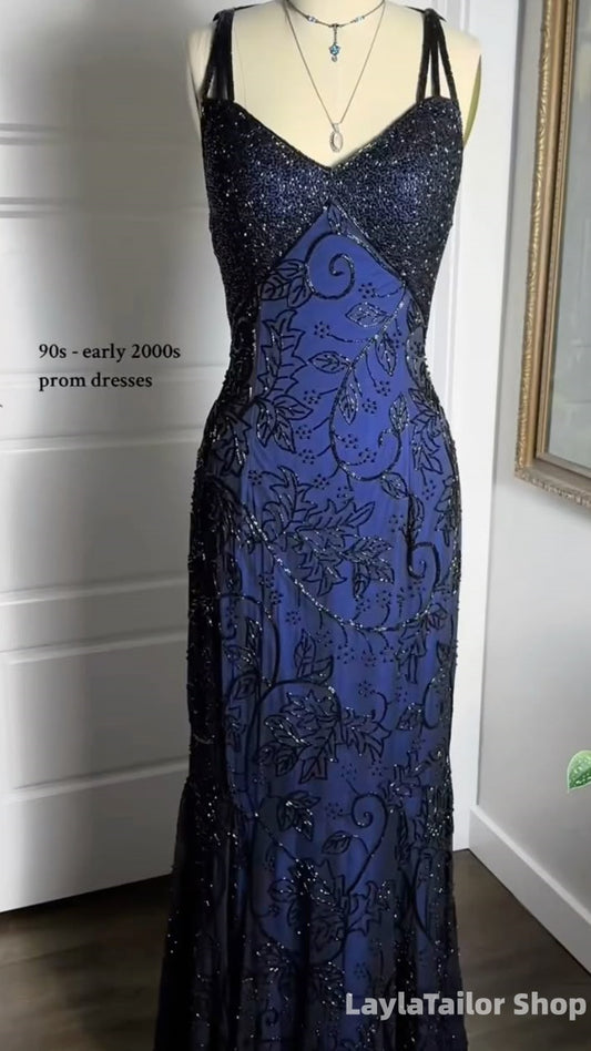 Luxury Beaded Navy Blue Prom Dresses Long Homecoming Formal Dress