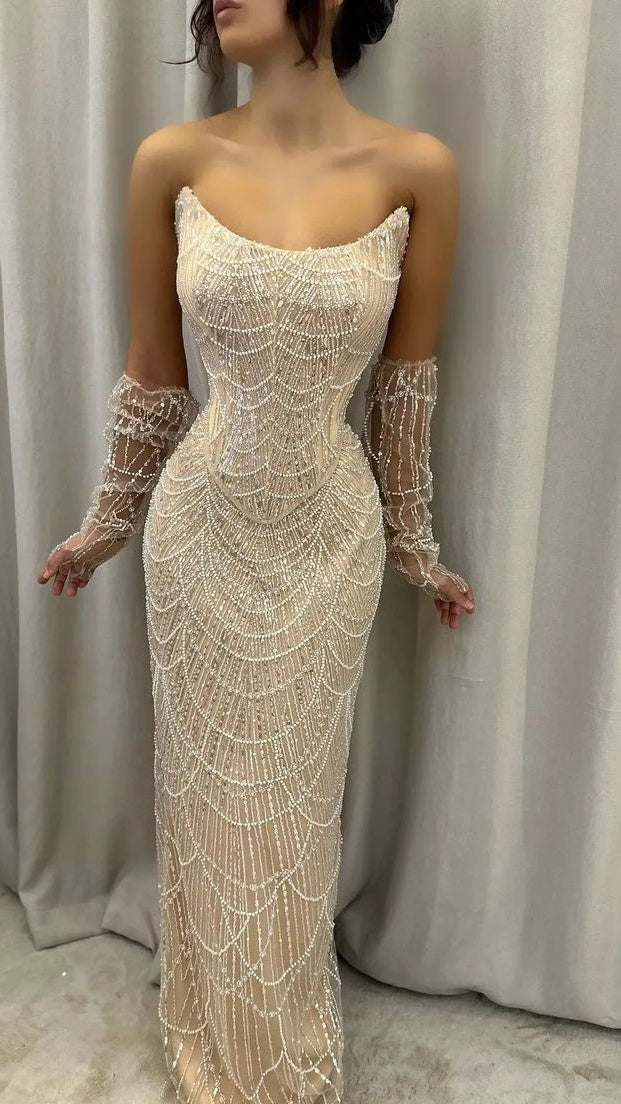 Luxury Beaded Sequin Mermaid Wedding Dress, Strapless Two Pieces Party Dress, LTP3713