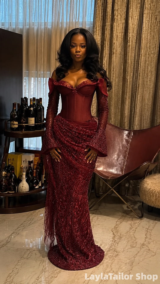 Luxury Beads Sequin Formal Dresses Burgundy Off The Shoulder Prom Dresse For Black Girls,LTP82785