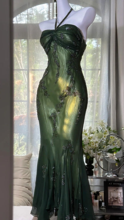 Luxury Dark Green Mermaid Beaded Lace Appliques Chiffon Long Prom Dress Evening Dress,LTP4441