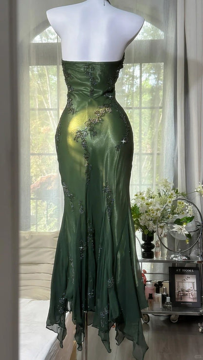 Luxury Dark Green Mermaid Beaded Lace Appliques Chiffon Long Prom Dress Evening Dress,LTP4441