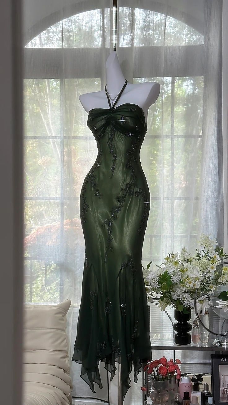 Luxury Dark Green Mermaid Beaded Lace Appliques Chiffon Long Prom Dress Evening Dress,LTP4441
