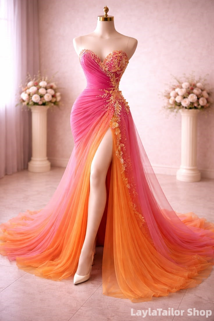 Luxury Fuchsia Orange Tulle Prom Dresses Appliques Beaded Sweetheart Formal Dress With Slit