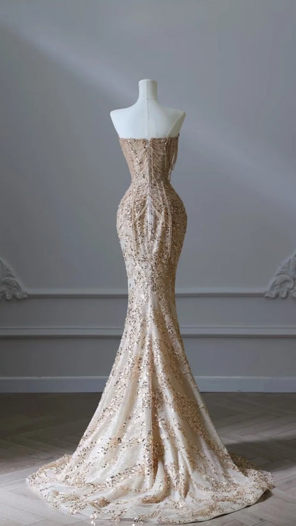 Luxury Gold Sequin Beaded Mermaid Prom Dress, Strapless Formal Party Dress,LTP3665