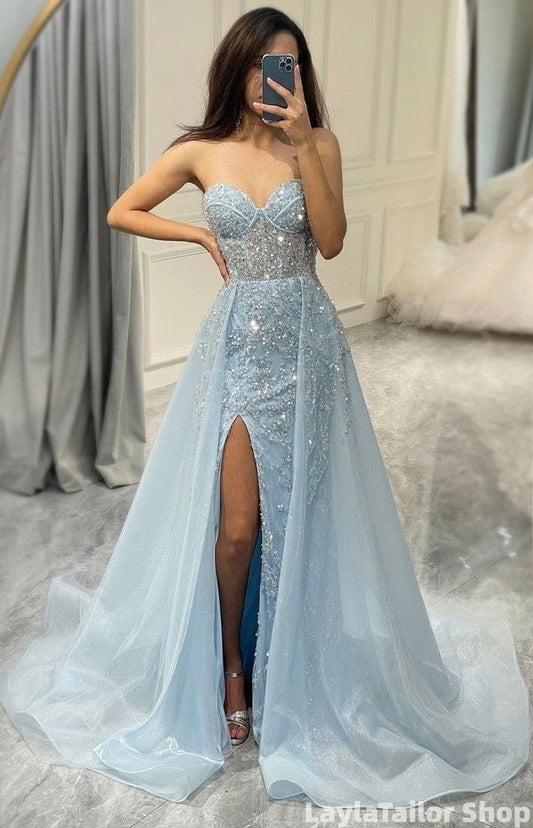 Luxury Light Blue Beaded Mermaid Long Prom Dress With Slit, LTP82816