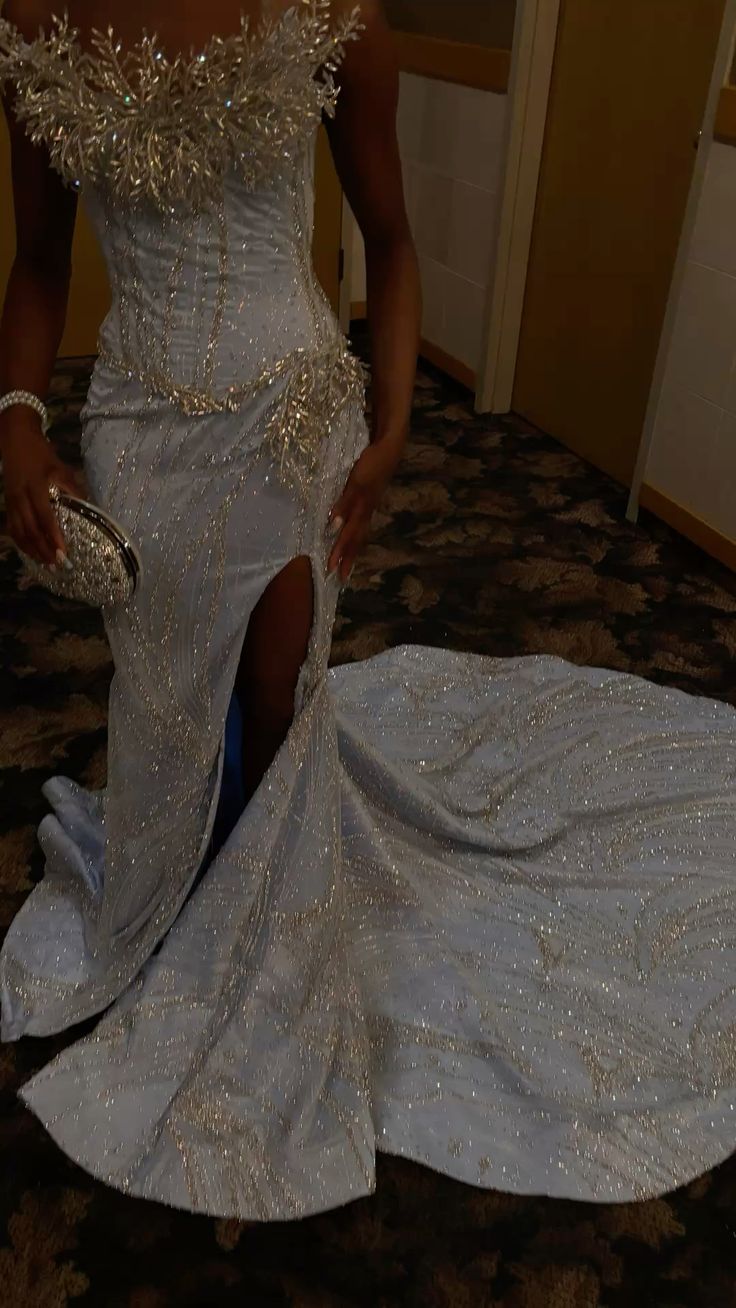 Luxury Light Blue Mermaid Prom Dresses Black Girls Formal Outfits With Slit,LTP4443