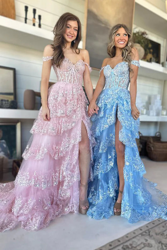 Luxury Off The Shoulder Lace Sequin Ruffle Prom Dresses