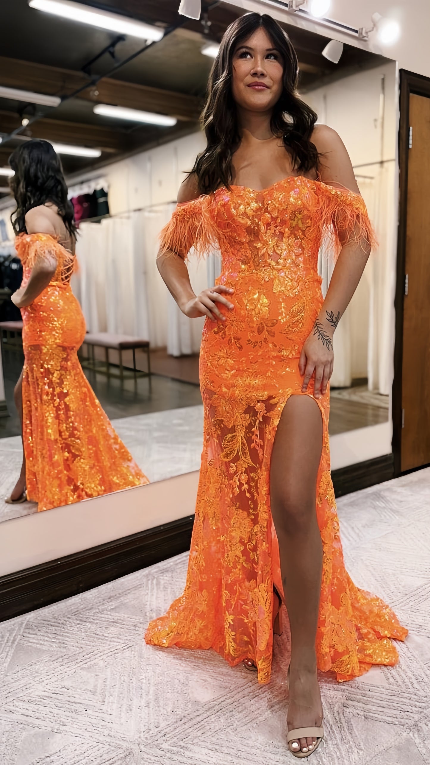 Luxury Orange Mermaid Lace Sequined Prom Dresses Feather Split Evening Formal Dress With Detachable Shoulders,LTP4109