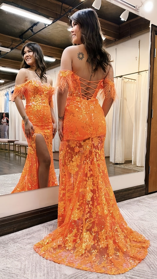 Luxury Orange Mermaid Lace Sequined Prom Dresses Feather Split Evening Formal Dress With Detachable Shoulders,LTP4109