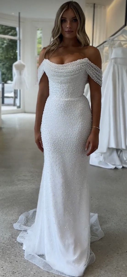 Luxury Pearl Beaded Mermaid Wedding Gown White Off The Shoulder Bridal Gown,LTP4029
