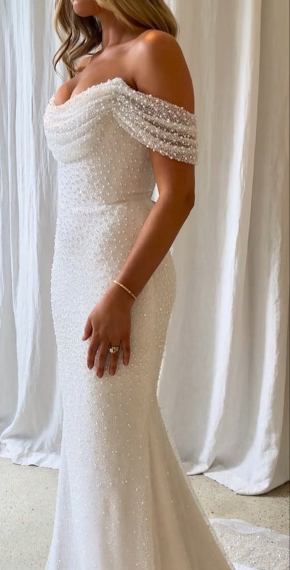 Luxury Pearl Beaded Mermaid Wedding Gown White Off The Shoulder Bridal Gown,LTP4029