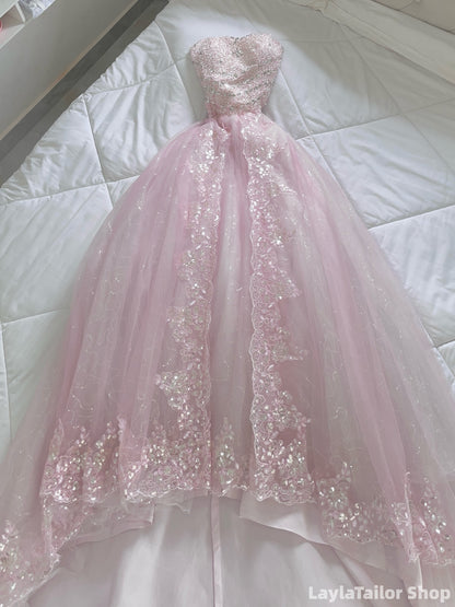 Luxury Pink Beaded Appliques Lace Tulle 17th Birthday Party Dresses LTP82695