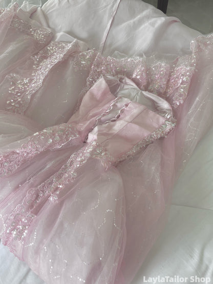 Luxury Pink Beaded Appliques Lace Tulle 17th Birthday Party Dresses LTP82695