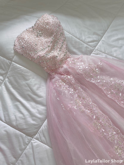 Luxury Pink Beaded Appliques Lace Tulle 17th Birthday Party Dresses LTP82695