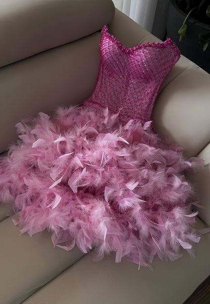 Luxury Pink Sweetheart Homecoming Dress, Feather Mini Homecoming Party Dress,LTP3682