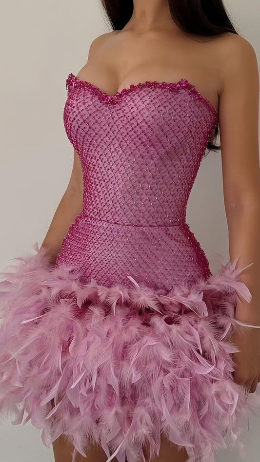 Luxury Pink Sweetheart Homecoming Dress, Feather Mini Homecoming Party Dress,LTP3682