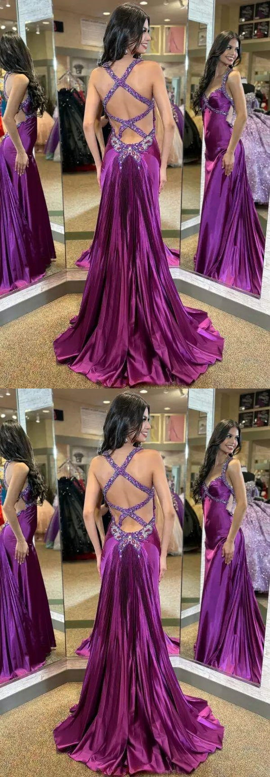 Luxury Purple Beaded Satin Prom Dresses Long Mermaid Party Dress,LTP4442