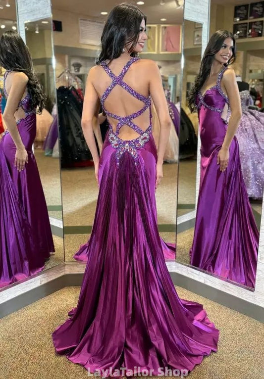 Luxury Purple Beaded Satin Prom Dresses Long Mermaid Party Dress,LTP4442