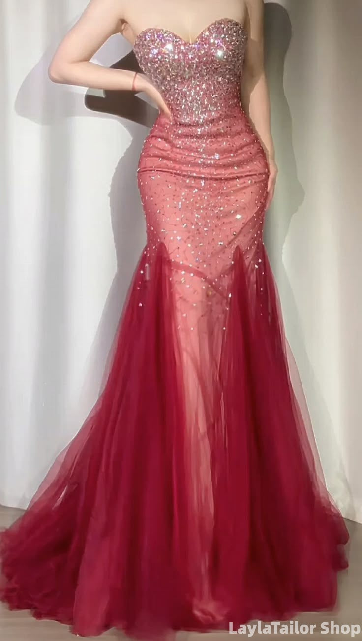 Luxury Red Beaded Mermaid Long Formal Prom Dress