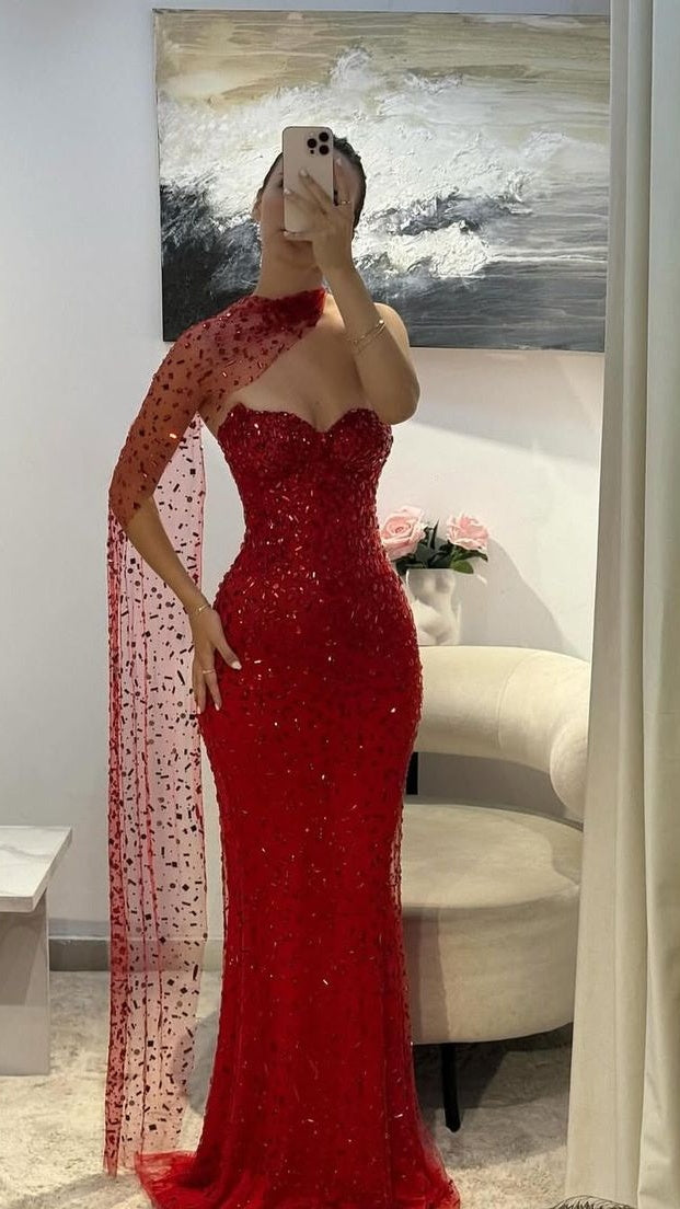 Luxury Red Gem Beaded Mermaid Prom Dresses Sweetheart Evening Formal Dress,LTP4448