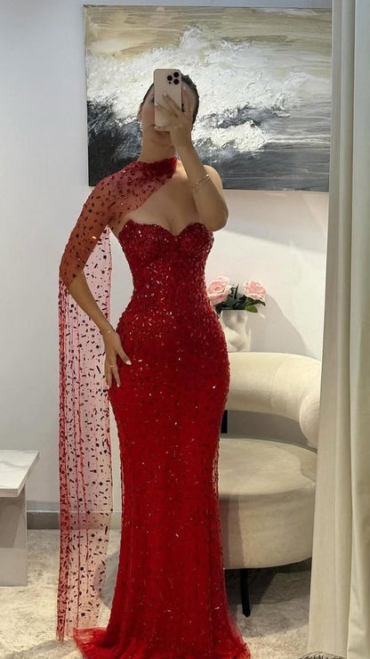 Luxury Red Gem Beaded Mermaid Prom Dresses Sweetheart Evening Formal Dress,LTP4448