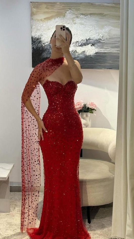 Luxury Red Gem Beaded Mermaid Prom Dresses Sweetheart Evening Formal Dress,LTP4448