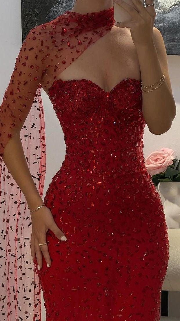 Luxury Red Gem Beaded Mermaid Prom Dresses Sweetheart Evening Formal Dress,LTP4448