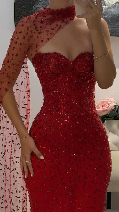 Luxury Red Gem Beaded Mermaid Prom Dresses Sweetheart Evening Formal Dress,LTP4448