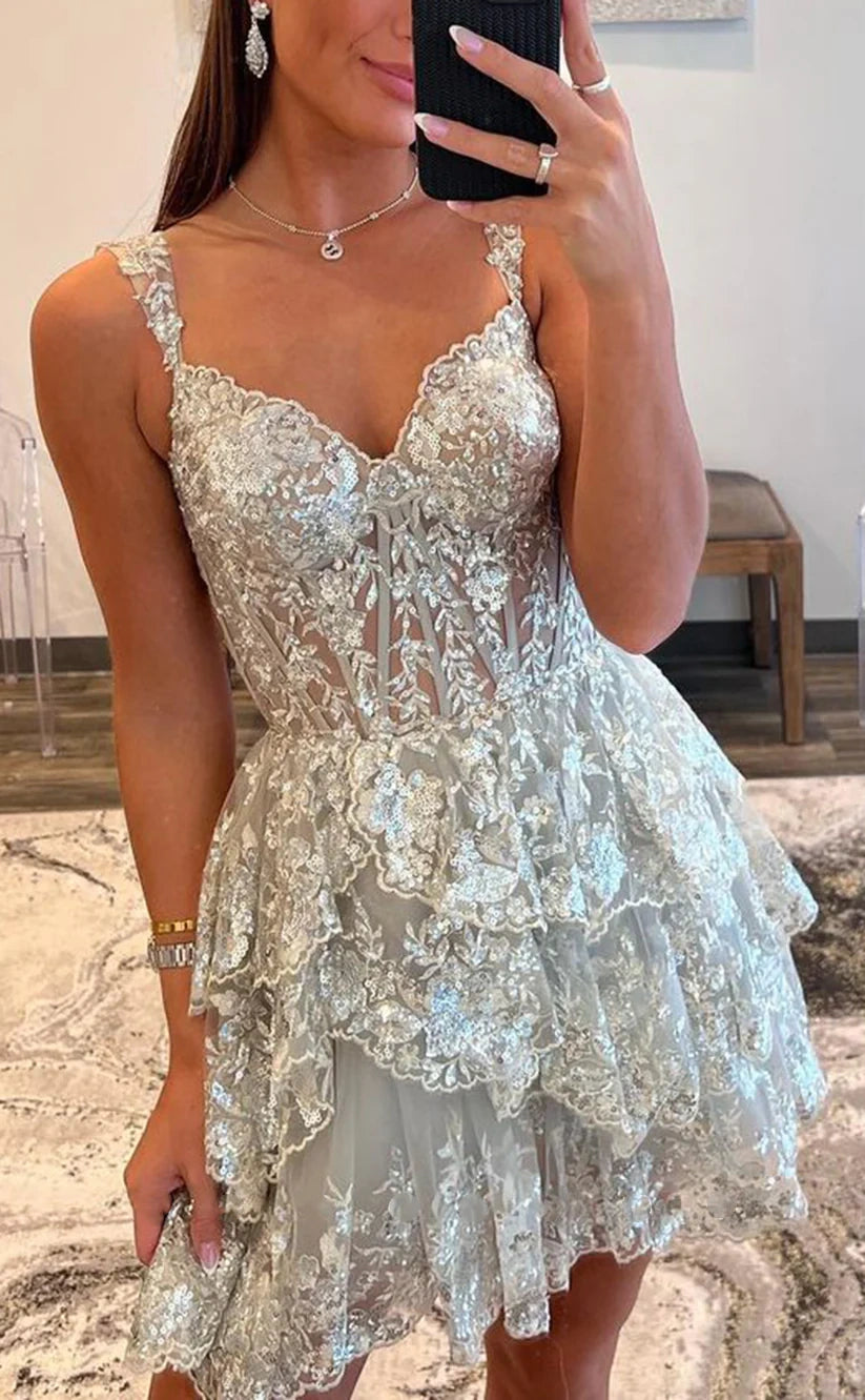 Luxury Sequin Lace Ruffle Homecoming Dress