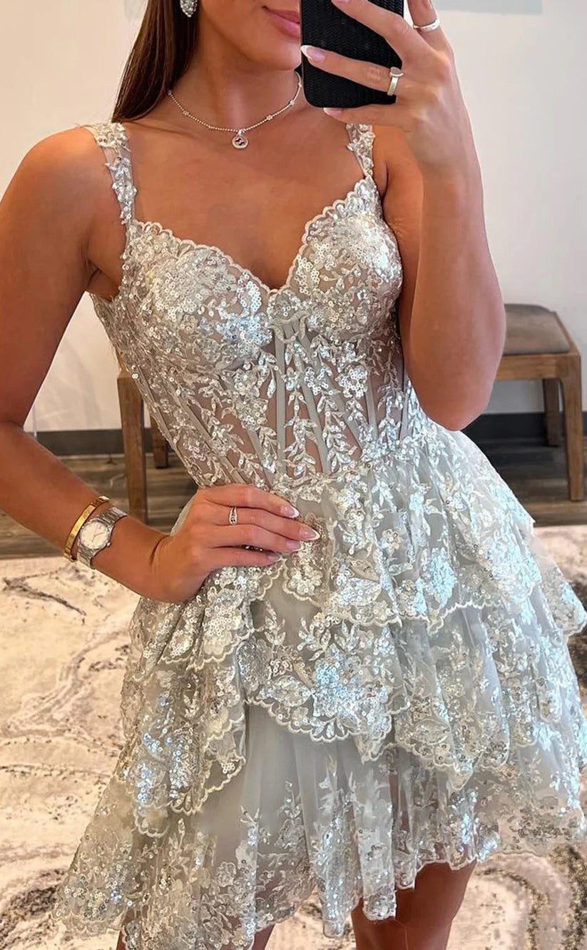 Luxury Sequin Lace Ruffle Homecoming Dress