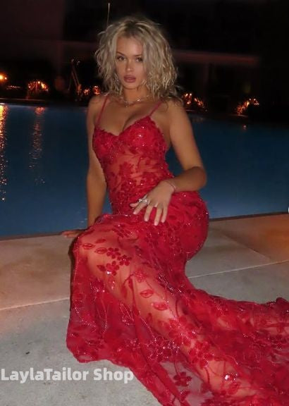 Luxury Sheath Ruffle Lace Prom Dresses Spaghetti Straps Formal Gown,LTP4596