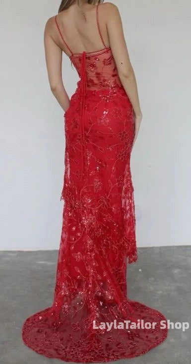 Luxury Sheath Ruffle Lace Prom Dresses Spaghetti Straps Formal Gown,LTP4596