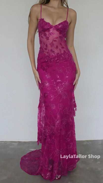 Luxury Sheath Ruffle Lace Prom Dresses Spaghetti Straps Formal Gown,LTP4596