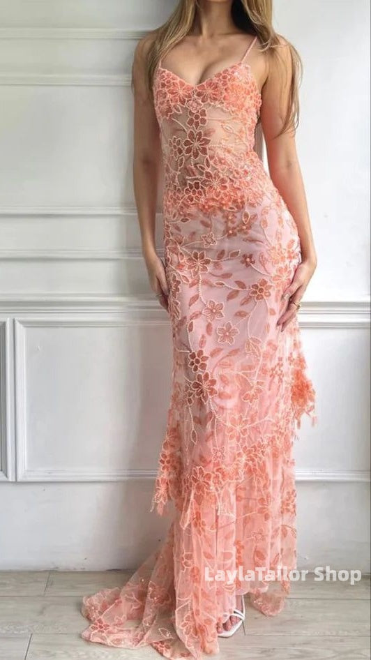 Luxury Sheath Ruffle Lace Prom Dresses Spaghetti Straps Formal Gown,LTP4596