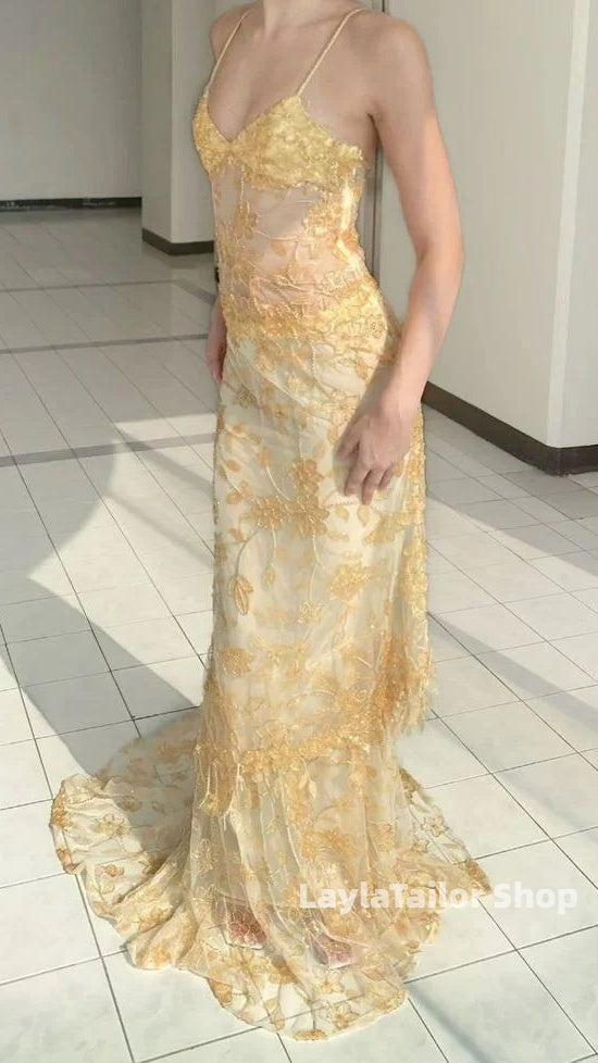 Luxury Sheath Ruffle Lace Prom Dresses Spaghetti Straps Formal Gown,LTP4596