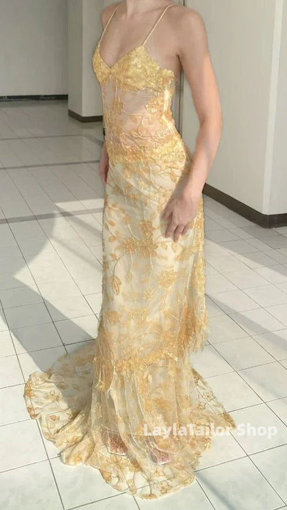 Luxury Sheath Ruffle Lace Prom Dresses Spaghetti Straps Formal Gown,LTP4596