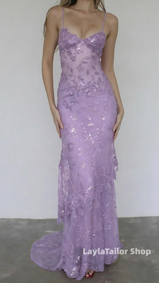 Luxury Sheath Ruffle Lace Prom Dresses Spaghetti Straps Formal Gown,LTP4596