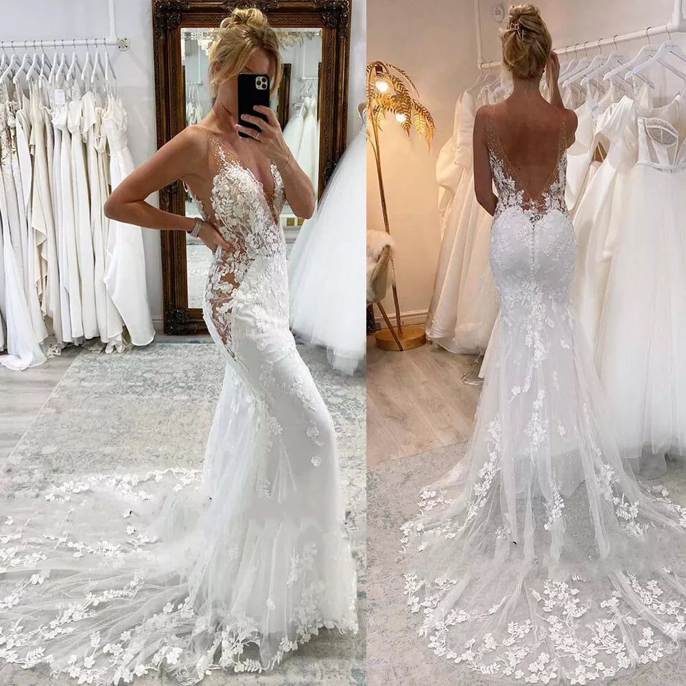 Luxury Wedding Dresses Mermaid Lace Appliques Deep V Neck Backless Bridal Gowns