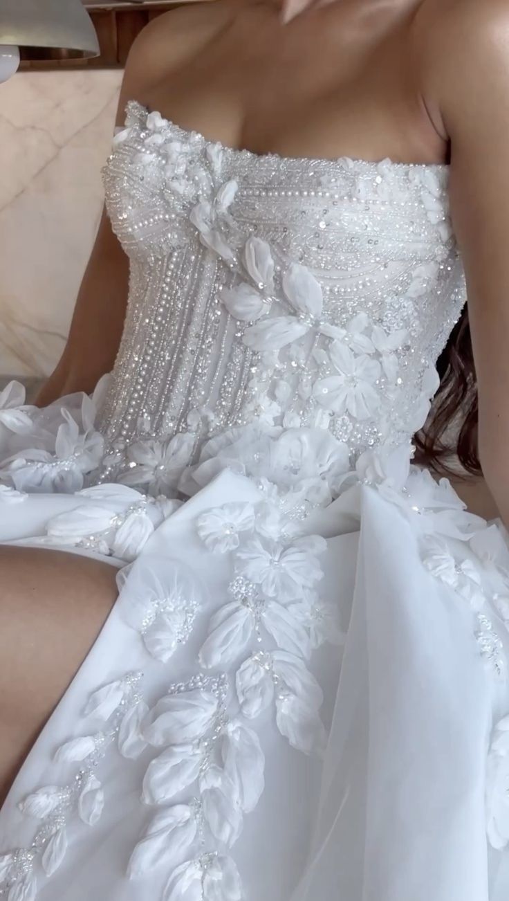Luxury White Floral Wedding Dresses Strapless Beaded Bridal Dress Split Wedding Gown,LTP4244