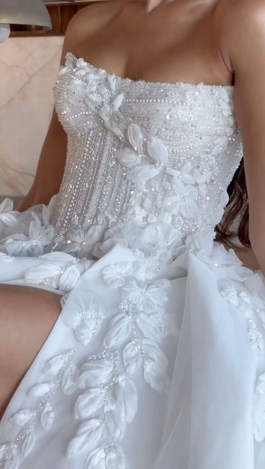 Luxury White Floral Wedding Dresses Strapless Beaded Bridal Dress Split Wedding Gown,LTP4244