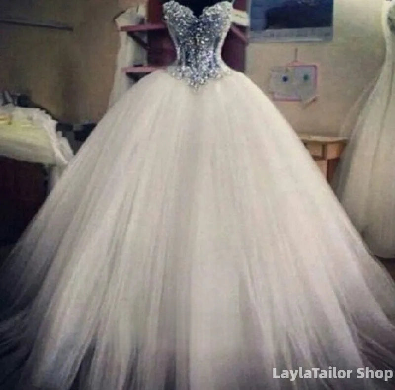Luxury White Tulle Wedding Dresses Pearl Beaded Sweetheart Bridal Gown